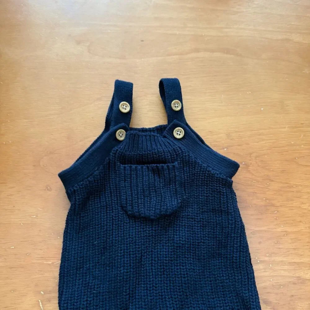 NWT Old Navy Navy Blue Sweater Overalls Romper Knit 0-3 Months Baby Boy Girl